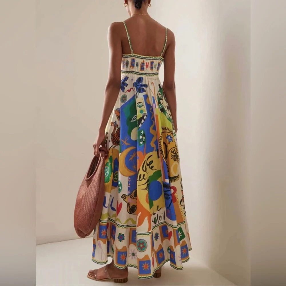 (last 1) 24hr SALE💗Ete Ensoleillé boho french print summer midi dress resort - Picture 1 of 9
